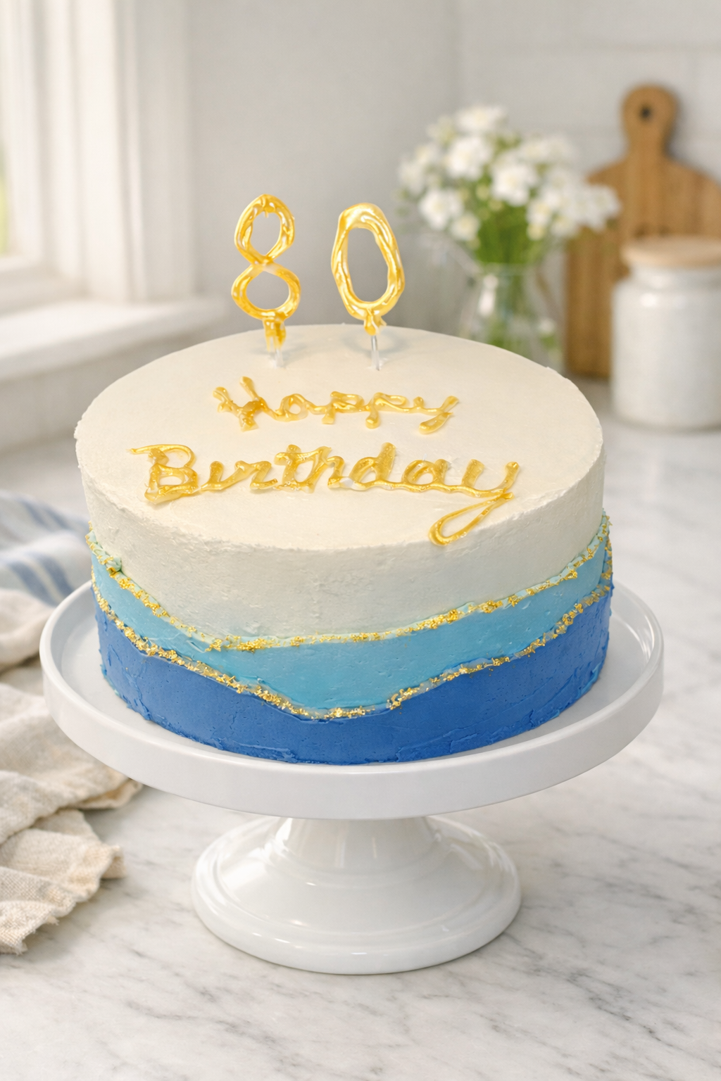 White and blue ombré 80th birthday cake with gold lettering