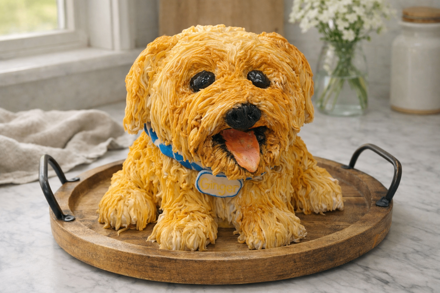 3D sculpted goldendoodle cake named Ginger