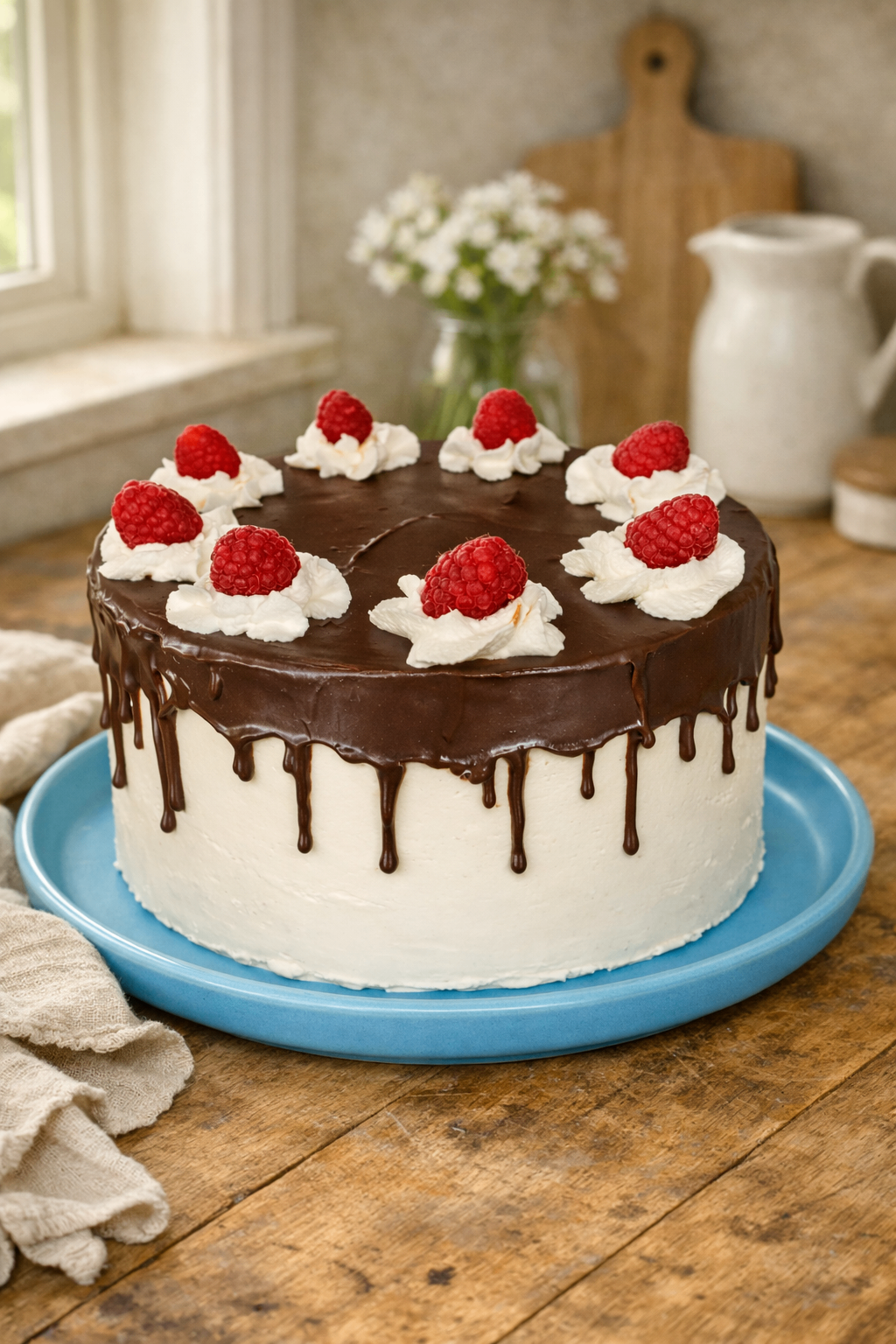 White buttercream cake with chocolate drip and fresh raspberries