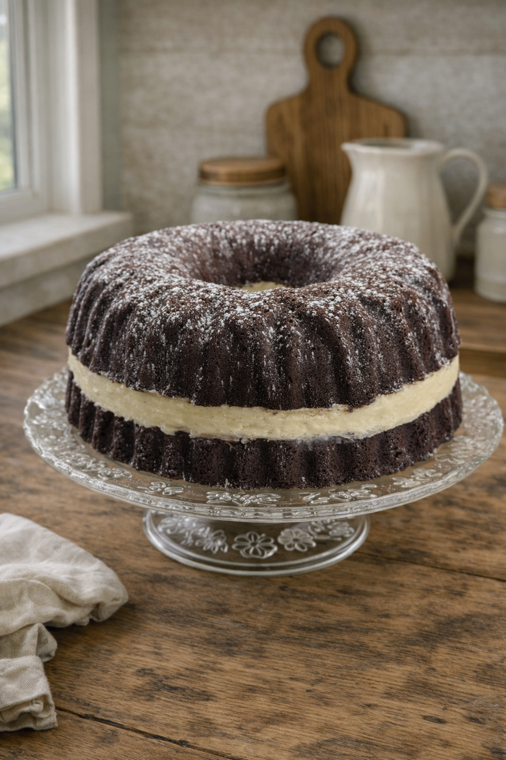 Chocolate bundt cake with cream filling