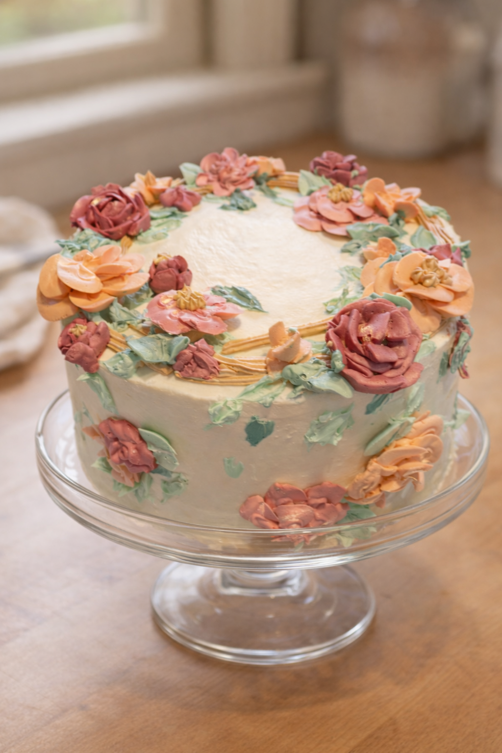 Buttercream cake with hand-piped dusty pink, peach, and mauve florals