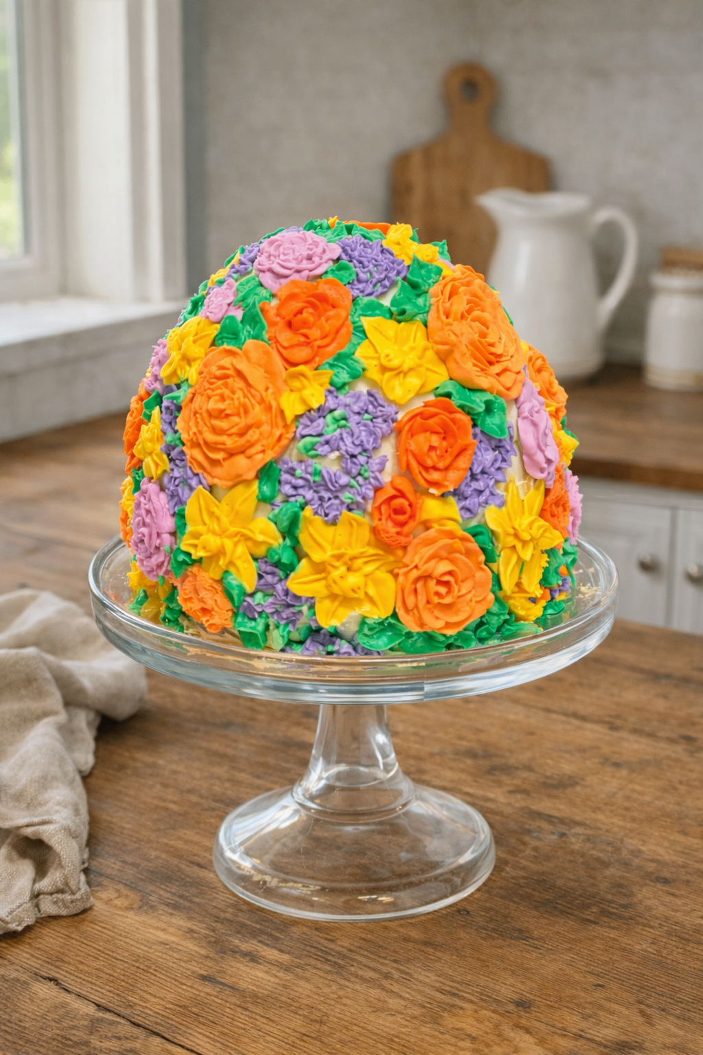 Dome cake covered in colorful piped buttercream flowers